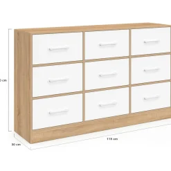 IDMarket Commode 9 tiroirs en tissu 113 cm meuble de rangement bois façon hêtre et blanc* Collection Contemporaine|Commodes