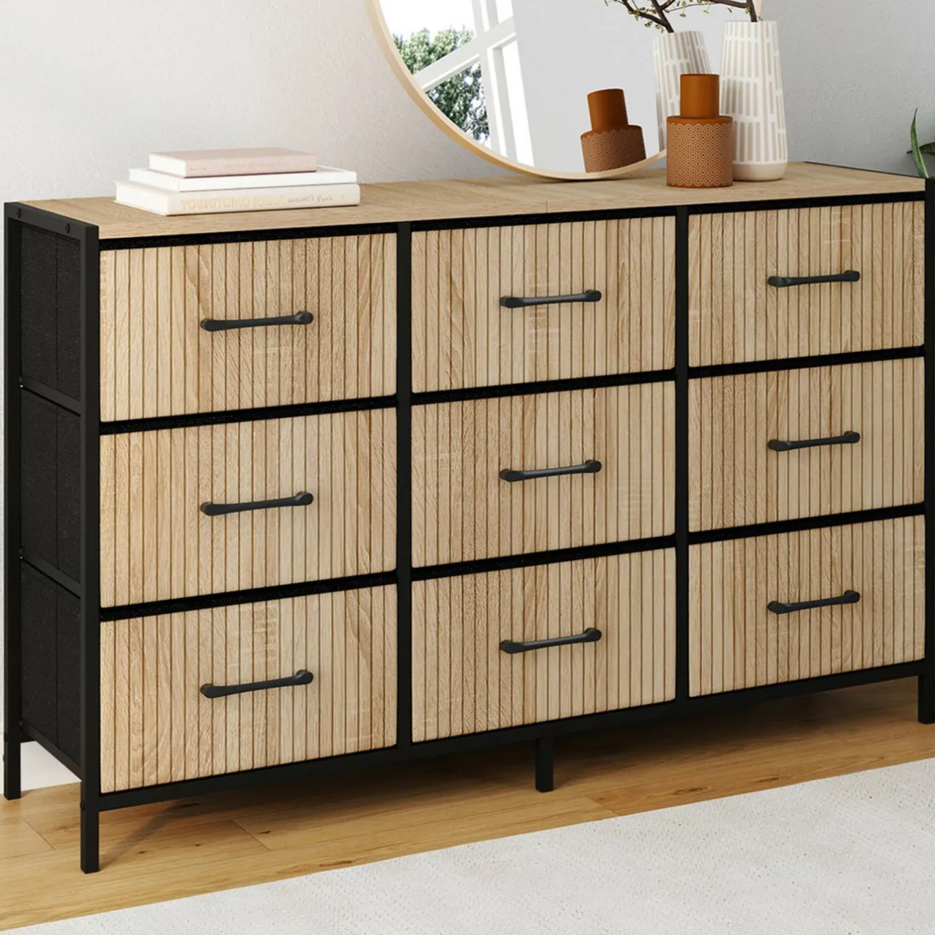 IDMarket Commode 9 tiroirs en tissu 115 CM effet lattes, design industriel* Meubles Tiroirs|Meubles Bas