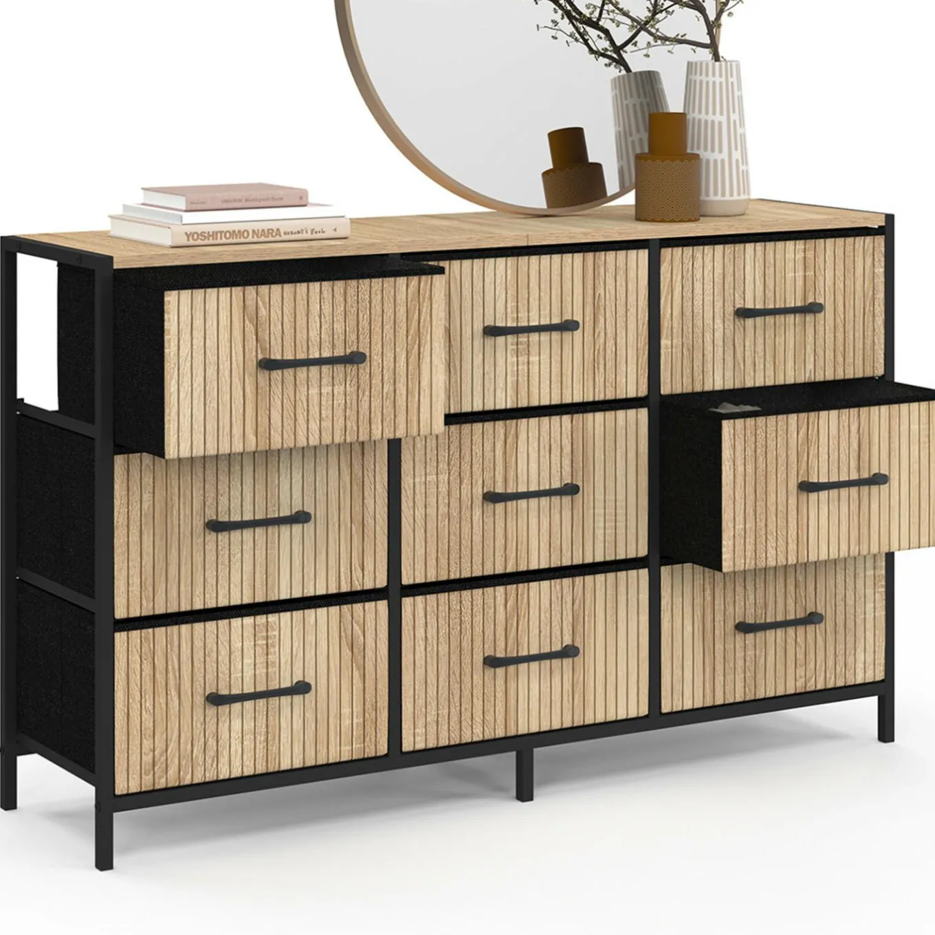 IDMarket Commode 9 tiroirs en tissu 115 CM effet lattes, design industriel* Meubles Tiroirs|Meubles Bas