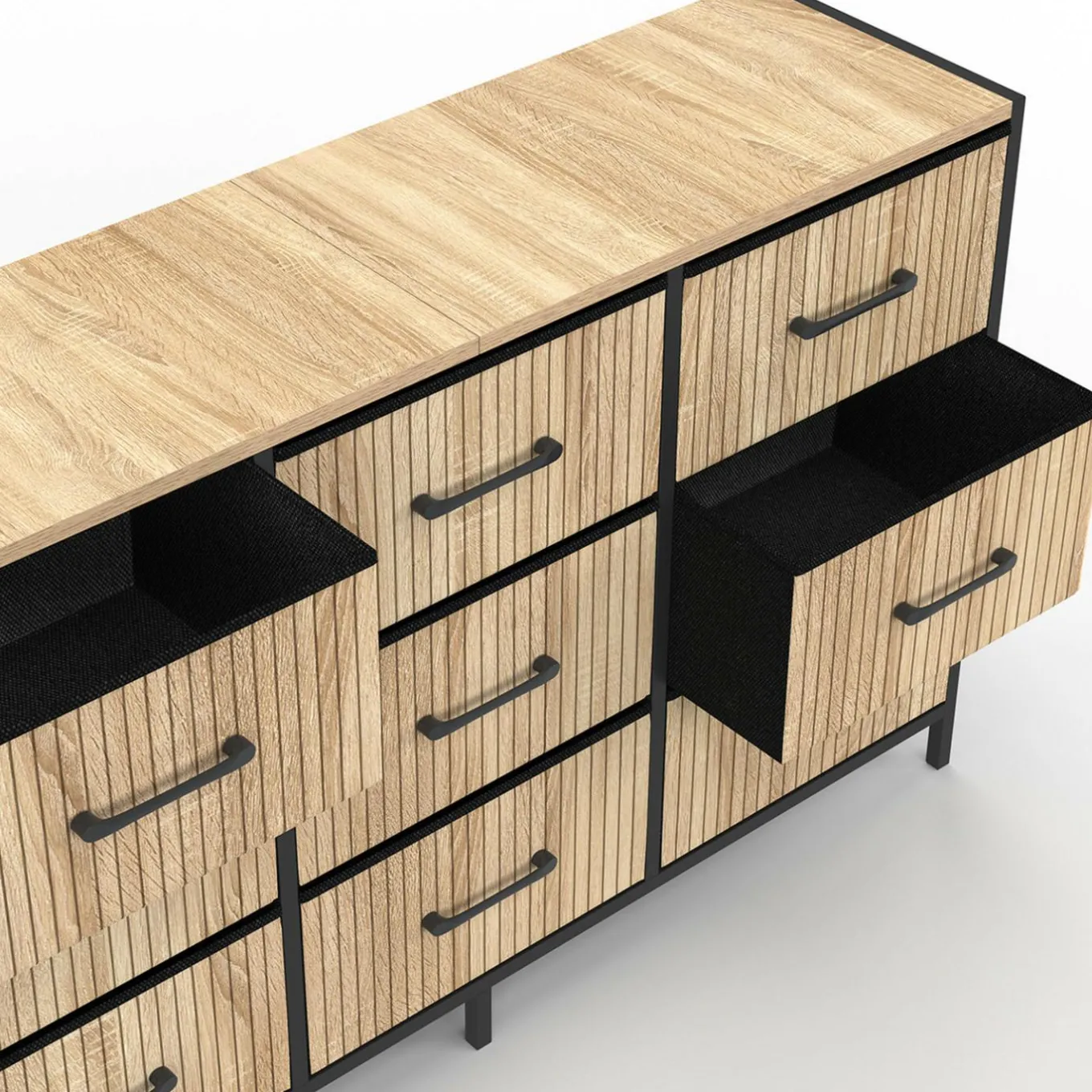 IDMarket Commode 9 tiroirs en tissu 115 CM effet lattes, design industriel* Meubles Tiroirs|Meubles Bas