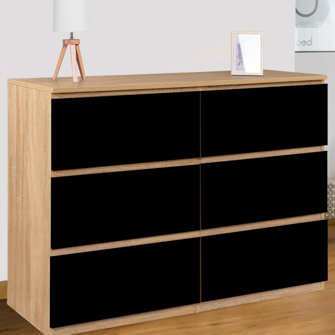 IDMarket Commode 6 tiroirs noire et bois façon hêtre 110x80cm* Meubles Tiroirs|Collection Design