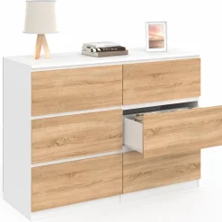 IDMarket Commode blanc et bois 6 tiroirs* Commodes