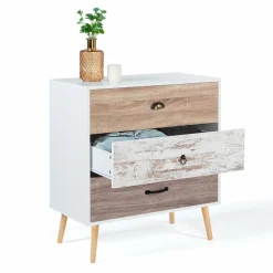 IDMarket Commode blanche 3 tiroirs effet bois vieilli* Meubles Tiroirs|Meubles Bas