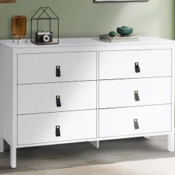 IDMarket Commode blanche 6 tiroirs avec poignées effet cuir noir* Meubles Tiroirs|Meubles Bas