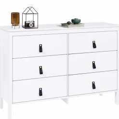 IDMarket Commode blanche 6 tiroirs avec poignées effet cuir noir* Meubles Tiroirs|Meubles Bas