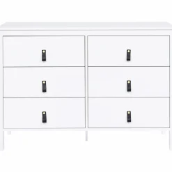 IDMarket Commode blanche 6 tiroirs avec poignées effet cuir noir* Meubles Tiroirs|Meubles Bas