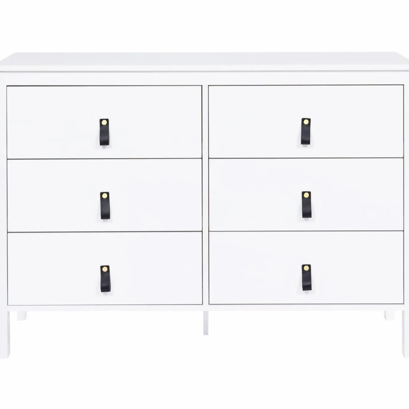 IDMarket Commode blanche 6 tiroirs avec poignées effet cuir noir* Meubles Tiroirs|Meubles Bas