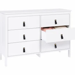 IDMarket Commode blanche 6 tiroirs avec poignées effet cuir noir* Meubles Tiroirs|Meubles Bas