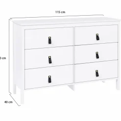 IDMarket Commode blanche 6 tiroirs avec poignées effet cuir noir* Meubles Tiroirs|Meubles Bas