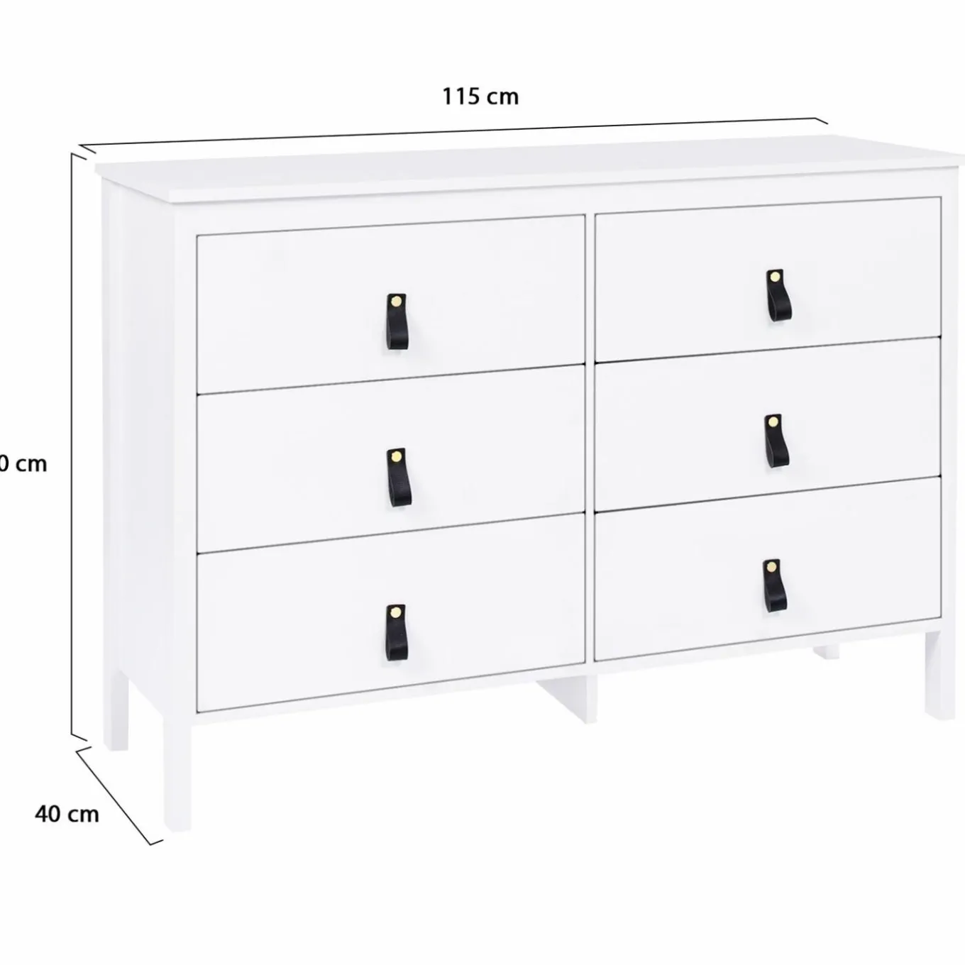 IDMarket Commode blanche 6 tiroirs avec poignées effet cuir noir* Meubles Tiroirs|Meubles Bas