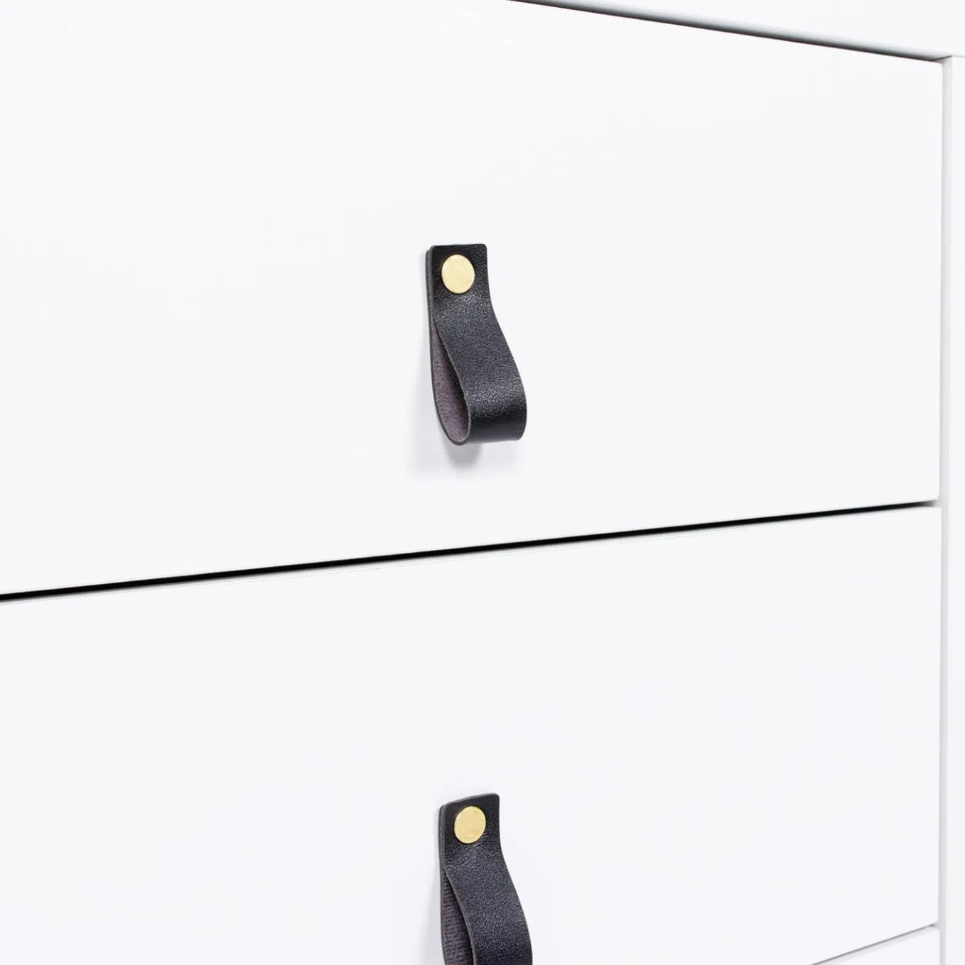 IDMarket Commode blanche 6 tiroirs avec poignées effet cuir noir* Meubles Tiroirs|Meubles Bas