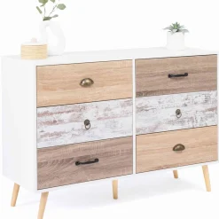 IDMarket Commode blanche 6 tiroirs effet bois vieilli* Meubles Tiroirs|Collection Scandinave