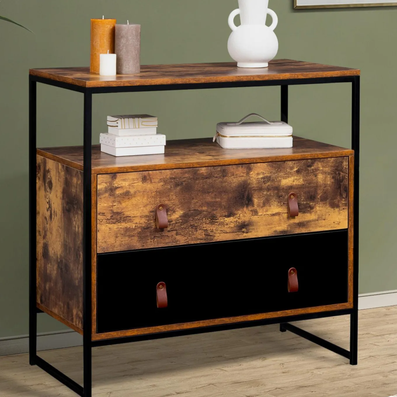 IDMarket Commode bois et métal avec 2 tiroirs* Meubles Tiroirs|Collection Vintage