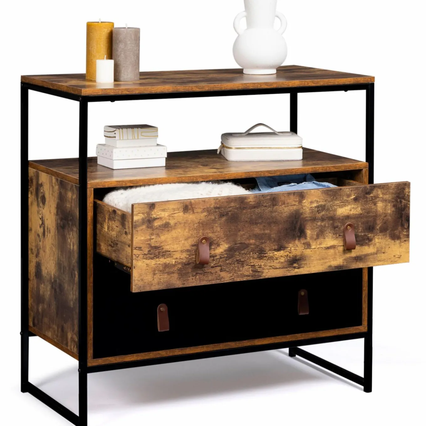 IDMarket Commode bois et métal avec 2 tiroirs* Meubles Tiroirs|Collection Vintage