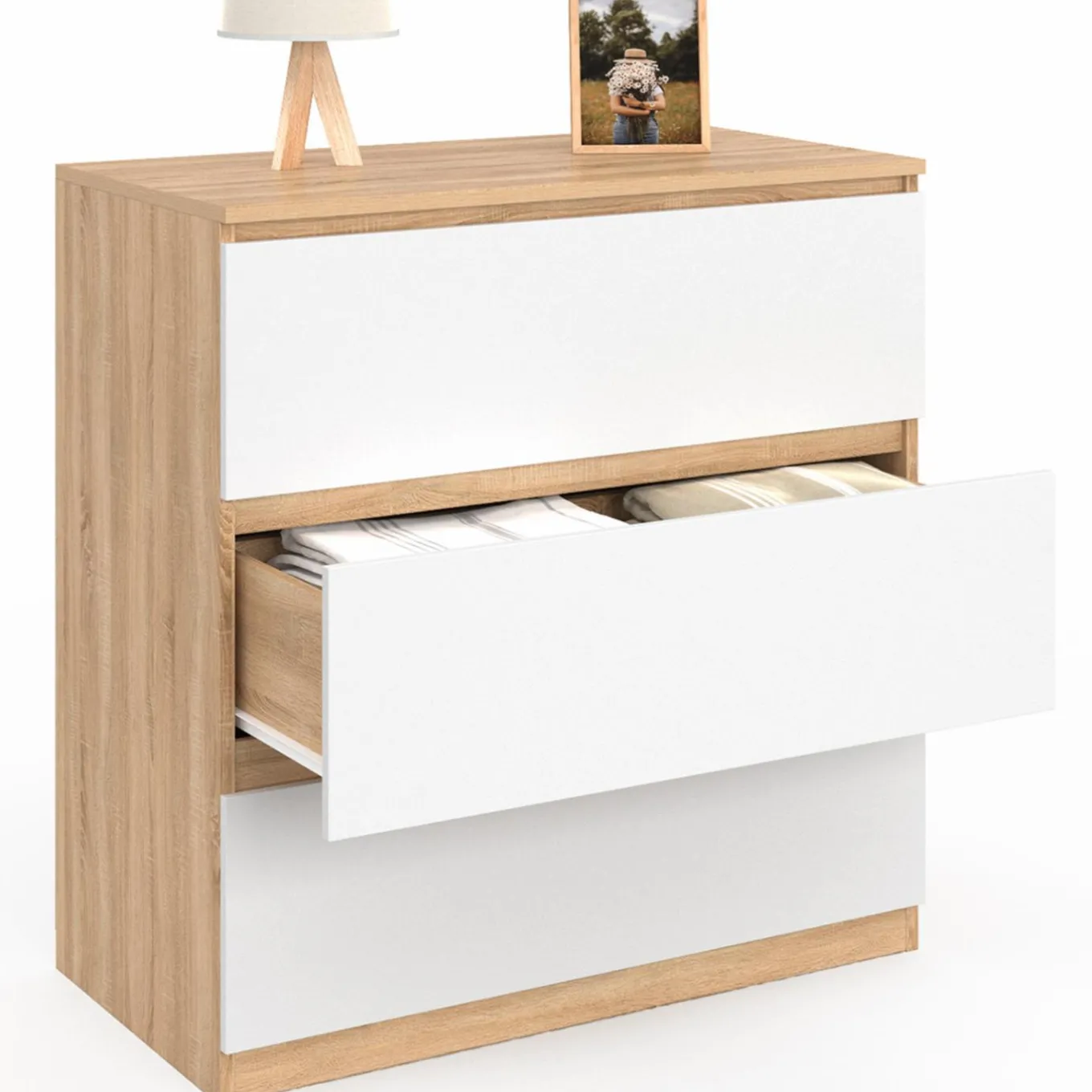 IDMarket Commode bois façon hêtre et blanc 3 tiroirs 78 cm* Meubles En Bois|Collection Agencement Magasin