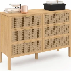 IDMarket Commode cannage coloris bois avec 6 tiroirs* Meubles Tiroirs|Meubles Bas