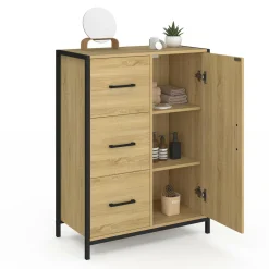 IDMarket Commode de rangement salle de bain design industriel 3 tiroirs 1 placard* Meubles Salle De Bain