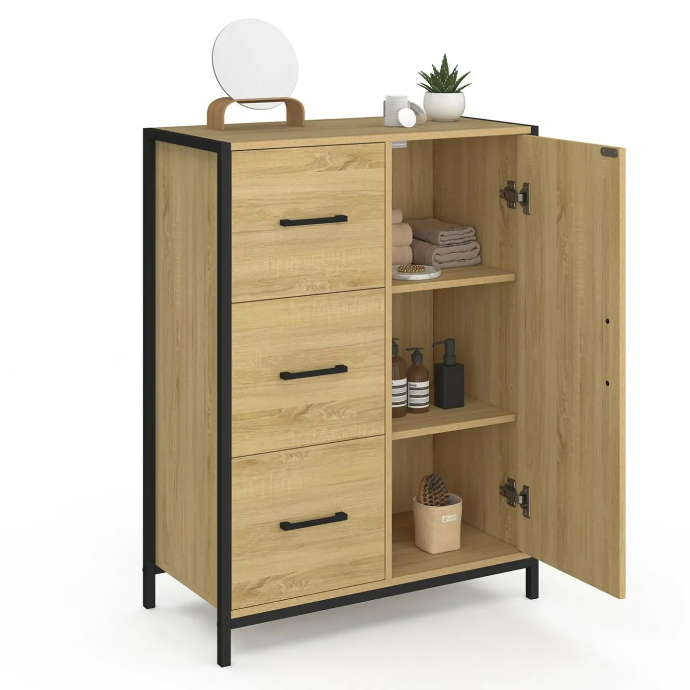 IDMarket Commode de rangement salle de bain design industriel 3 tiroirs 1 placard* Meubles Salle De Bain