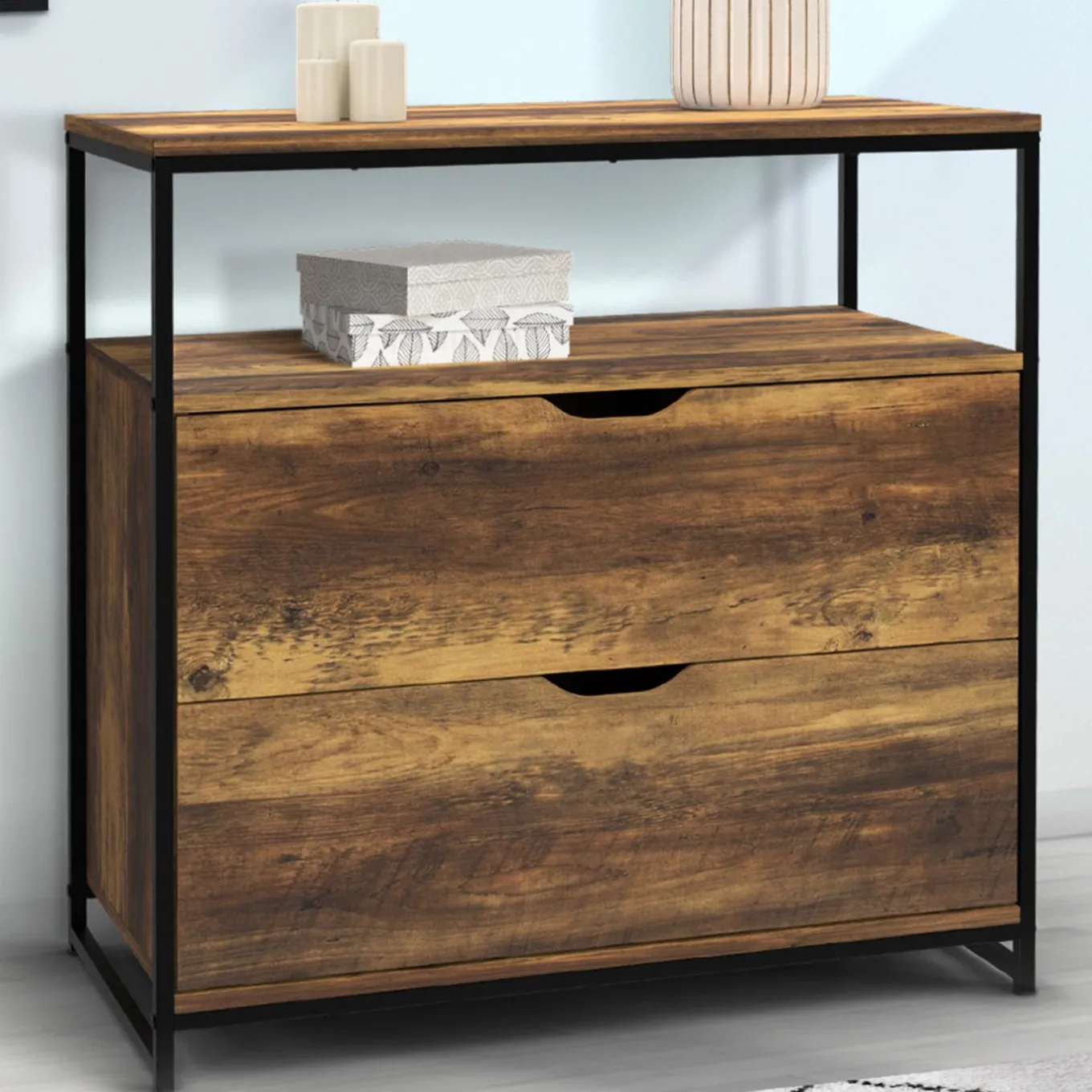 IDMarket Commode design industriel 2 tiroirs avec étagère* Meubles Tiroirs|Meubles Bas