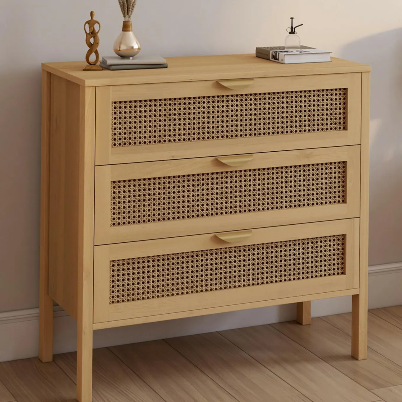 IDMarket Commode en bois 3 tiroirs cannage 80 cm* Meubles Tiroirs|Meubles Bas