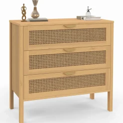 IDMarket Commode en bois 3 tiroirs cannage 80 cm* Meubles Tiroirs|Meubles Bas