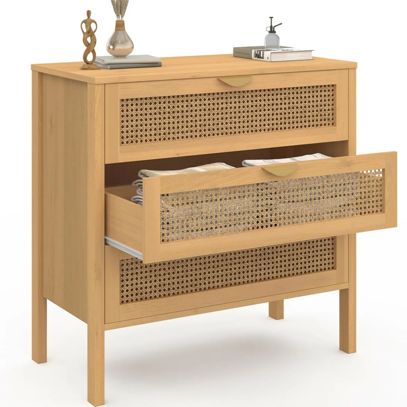 IDMarket Commode en bois 3 tiroirs cannage 80 cm* Meubles Tiroirs|Meubles Bas