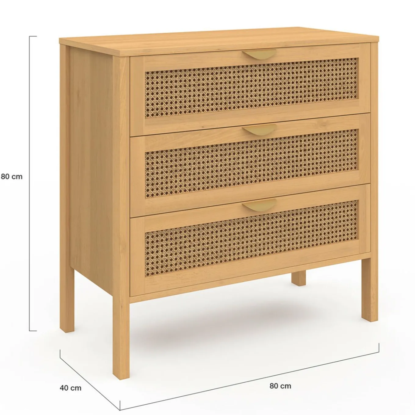 IDMarket Commode en bois 3 tiroirs cannage 80 cm* Meubles Tiroirs|Meubles Bas