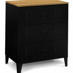 IDMarket Commode industrielle 3 tiroirs métal noir et hêtre* Meubles Tiroirs|Collection Métal