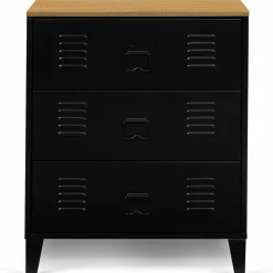 IDMarket Commode industrielle 3 tiroirs métal noir et hêtre* Meubles Tiroirs|Collection Métal