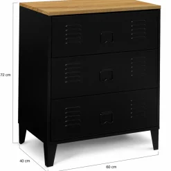 IDMarket Commode industrielle 3 tiroirs métal noir et hêtre* Meubles Tiroirs|Collection Métal