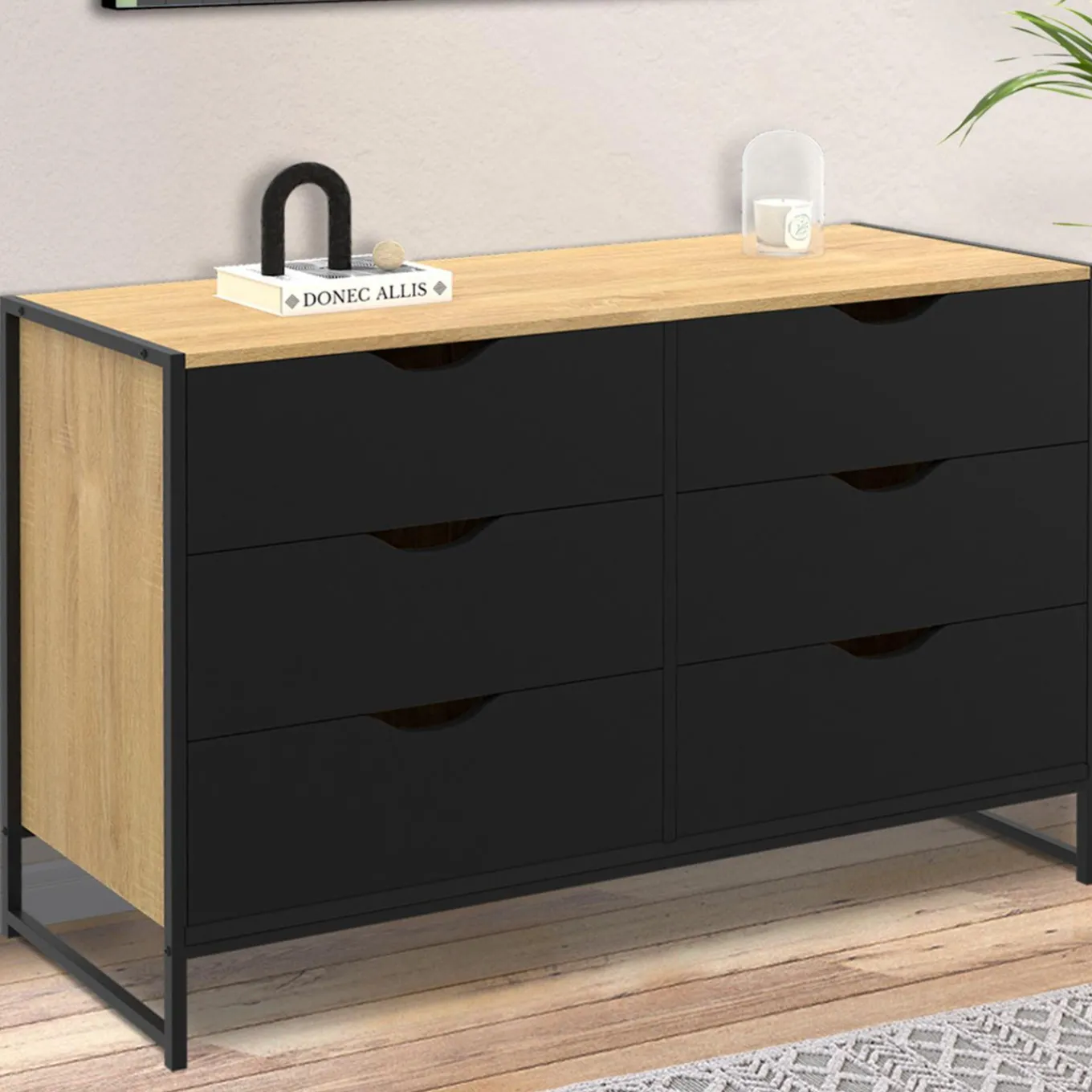 IDMarket Commode industrielle avec 6 tiroirs bois et noir* Collection Agencement Magasin|Petits Meubles