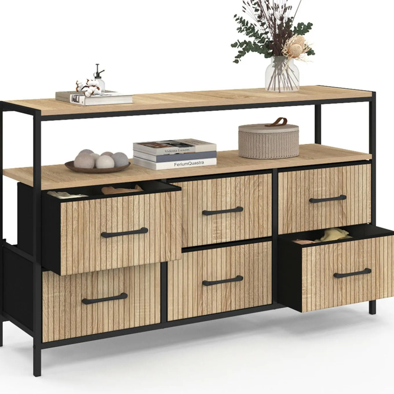 IDMarket Commode industrielle avec niche effet lattes* Chambre Complète Adulte|Commodes