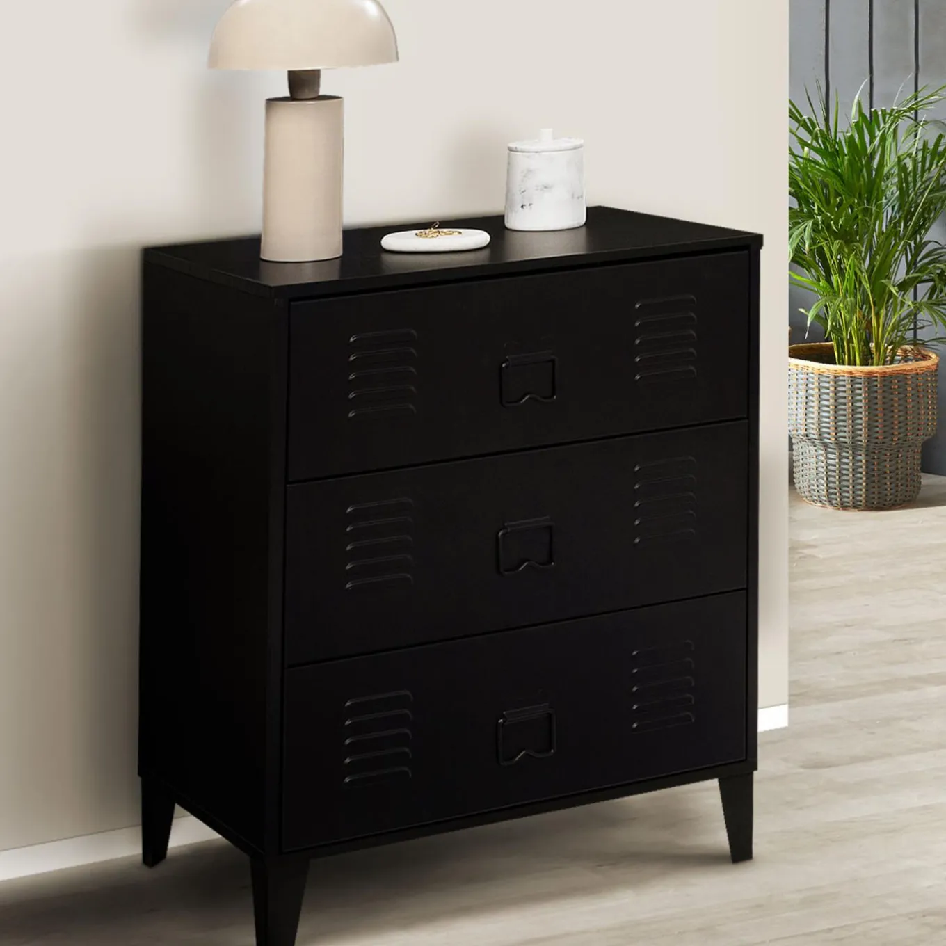 IDMarket Commode industrielle bois noir 3 tiroirs en métal* Collection Métal|Meubles Tiroirs