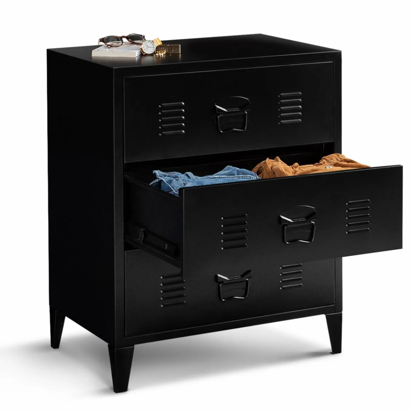 IDMarket Commode industrielle bois noir 3 tiroirs en métal* Collection Métal|Meubles Tiroirs