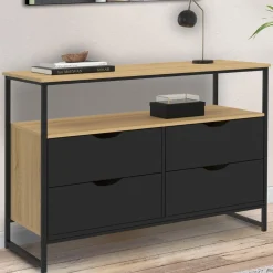 IDMarket Commode industrielle noir et bois 4 tiroirs avec étagère* Collection Agencement Magasin|Petits Meubles