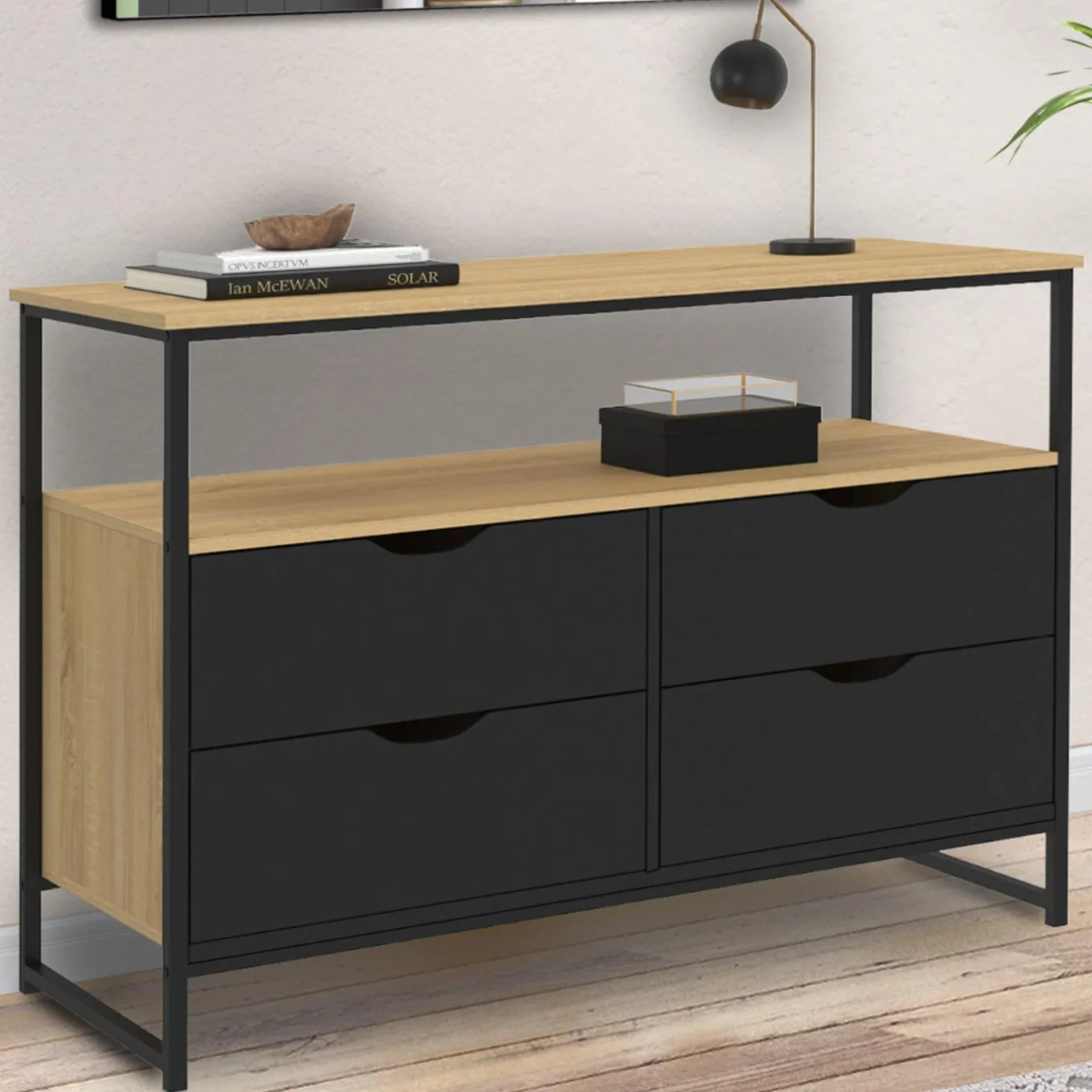 IDMarket Commode industrielle noir et bois 4 tiroirs avec étagère* Collection Agencement Magasin|Petits Meubles