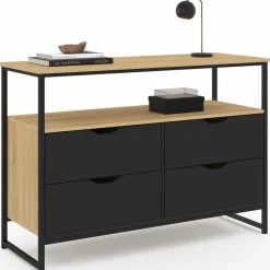 IDMarket Commode industrielle noir et bois 4 tiroirs avec étagère* Collection Agencement Magasin|Petits Meubles