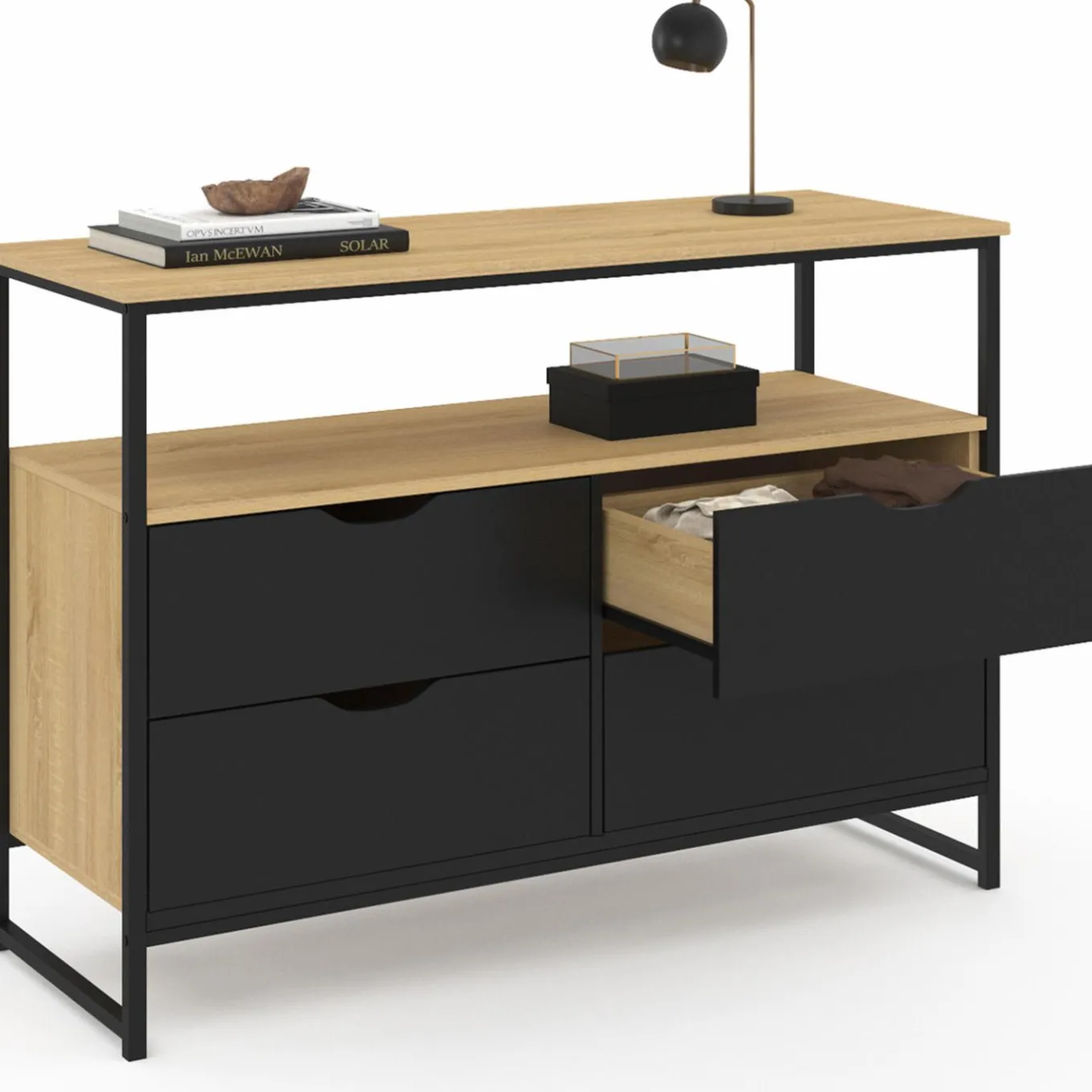 IDMarket Commode industrielle noir et bois 4 tiroirs avec étagère* Collection Agencement Magasin|Petits Meubles