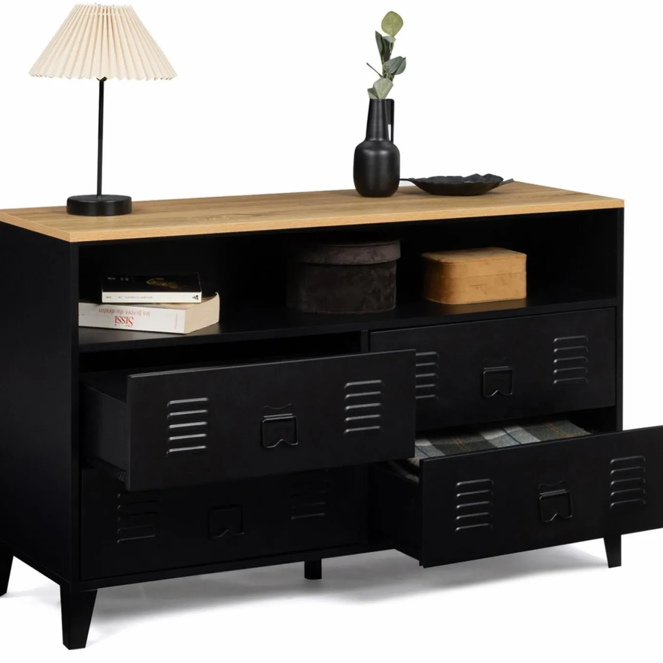 IDMarket Commode industrielle portes en métal noir avec 4 tiroirs* Meubles Tiroirs|Collection Métal