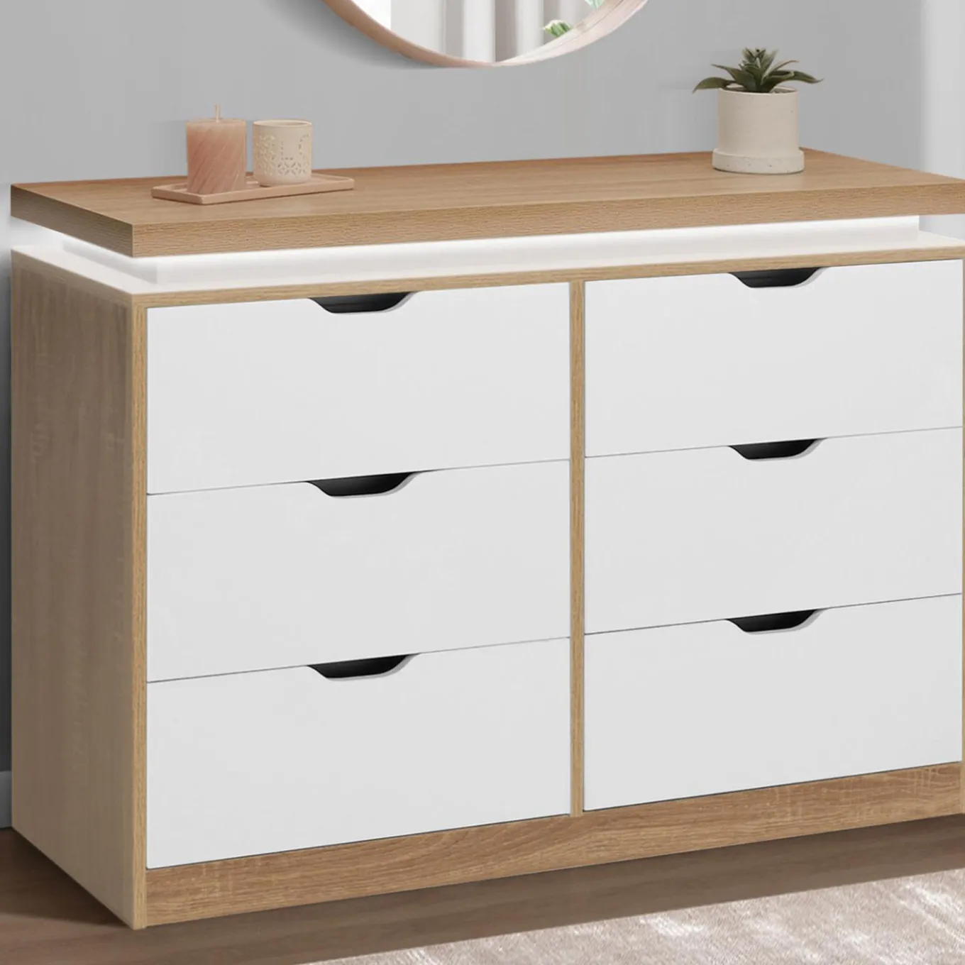 IDMarket Commode LED blanche et plateau bois 6 tiroirs* Meubles Tiroirs|Meubles Bas