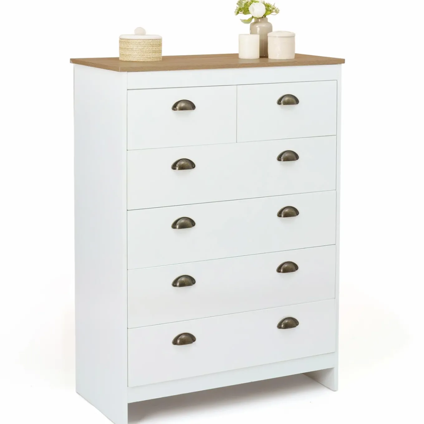 IDMarket Commode style campagne chic 6 tiroirs blanche et bois* Meubles Tiroirs|Meubles Bas