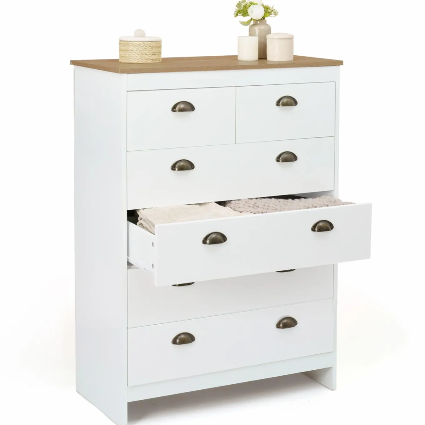 IDMarket Commode style campagne chic 6 tiroirs blanche et bois* Meubles Tiroirs|Meubles Bas