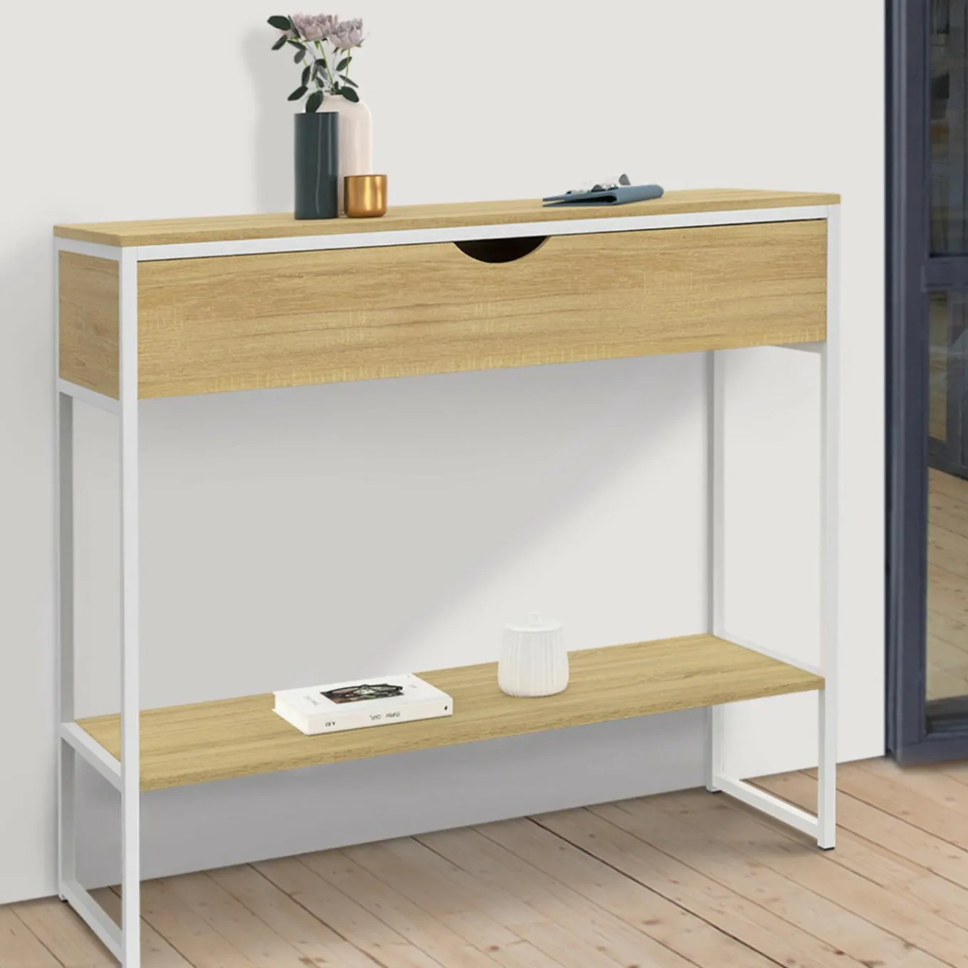 IDMarket Console 1 tiroir et 1 étagère design industriel bois et métal blanc* Meubles Tiroirs|Meubles En Bois