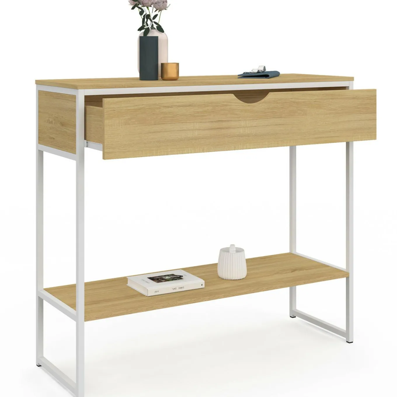 IDMarket Console 1 tiroir et 1 étagère design industriel bois et métal blanc* Meubles Tiroirs|Meubles En Bois