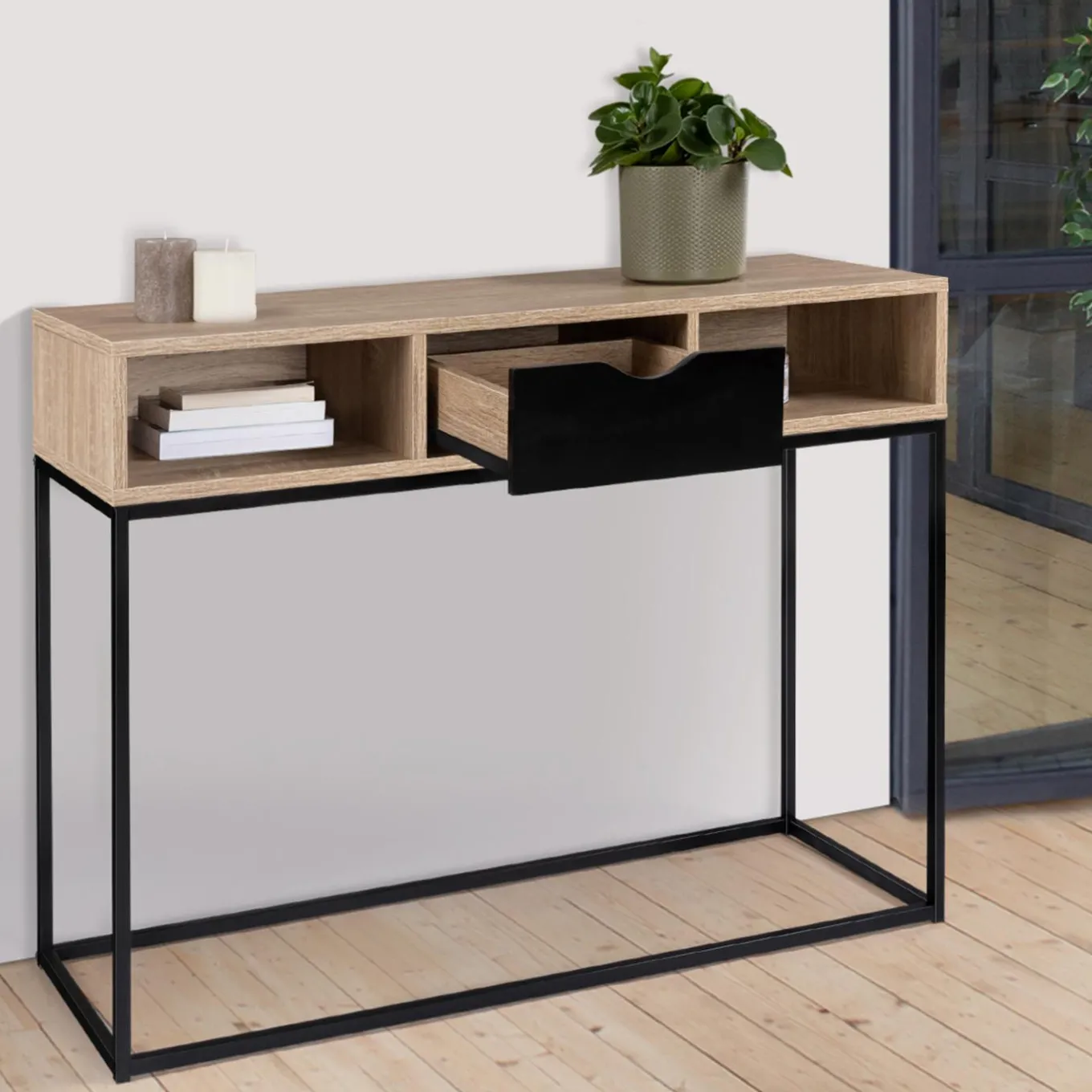 IDMarket Console 1 tiroir noir avec rangements design industriel* Meubles Tiroirs|Collection Industrielle