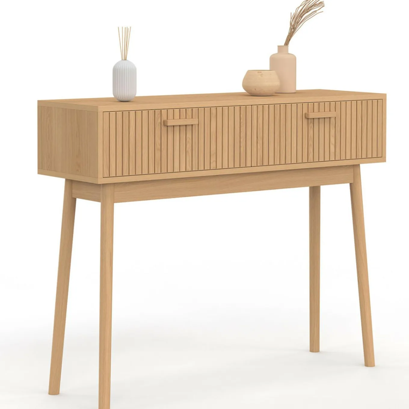 IDMarket Console 2 tiroirs JULIETTE lattes tasseau bois coloris chêne* Meubles Tiroirs|Meubles En Bois