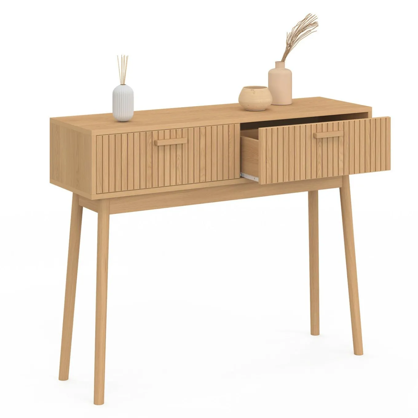 IDMarket Console 2 tiroirs JULIETTE lattes tasseau bois coloris chêne* Meubles Tiroirs|Meubles En Bois