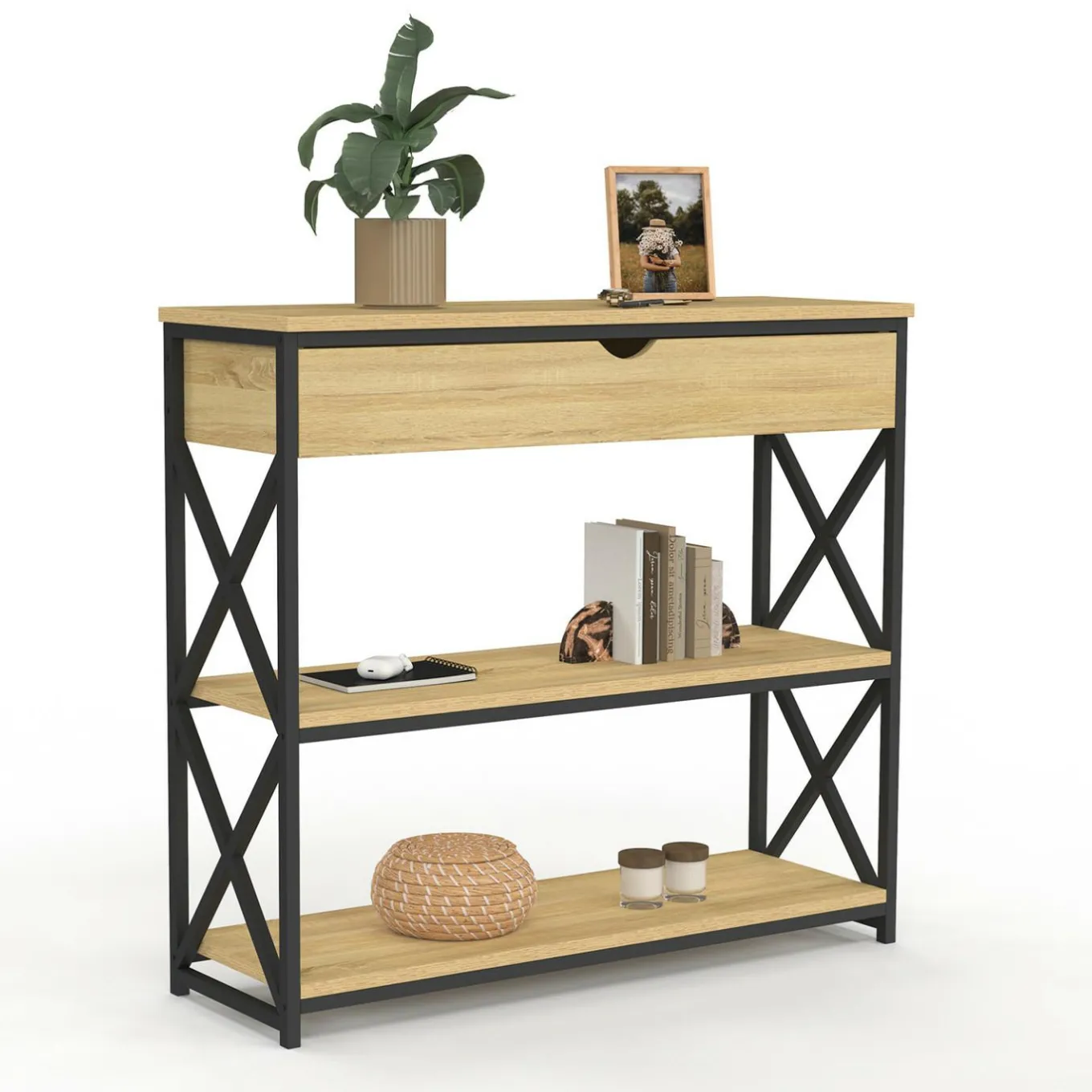 IDMarket Console bois et métal 1 tiroir 2 étagères design industriel* Meubles Tiroirs|Petits Meubles