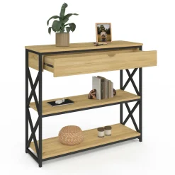 IDMarket Console bois et métal 1 tiroir 2 étagères design industriel* Meubles Tiroirs|Petits Meubles
