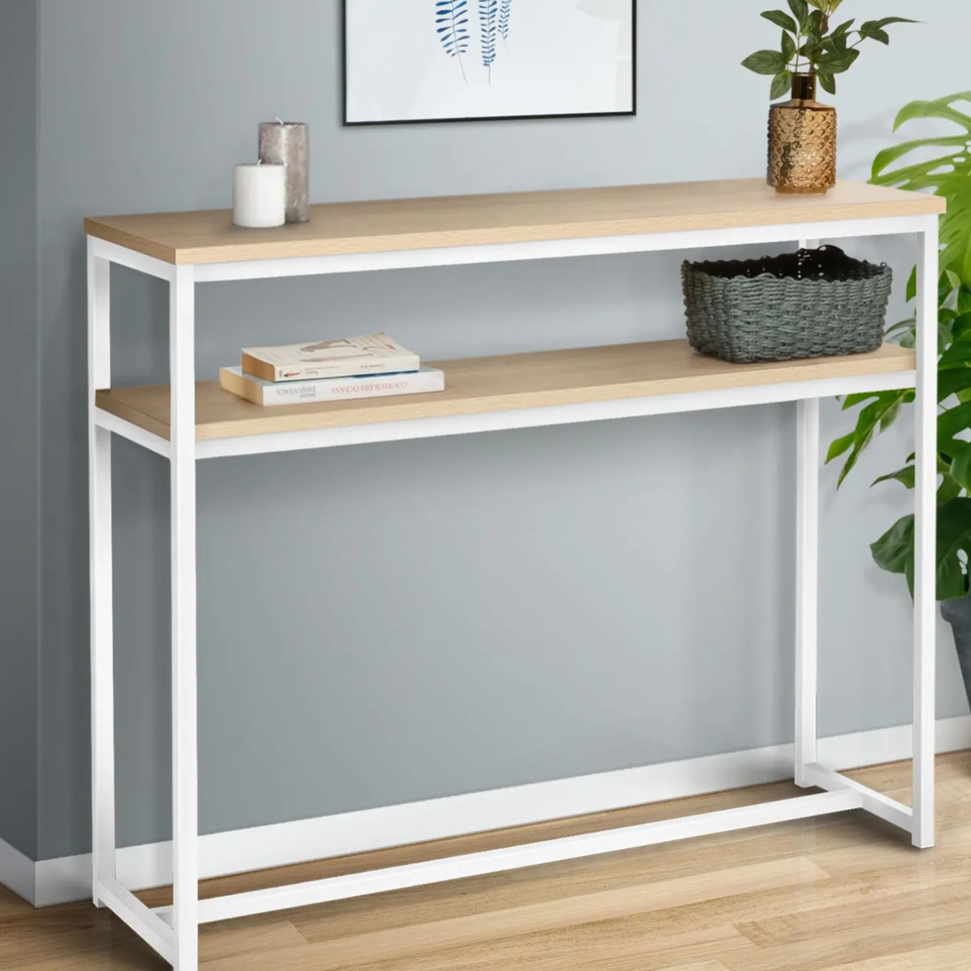 IDMarket Console bois et métal blanc double plateau 100 cm* Collection Agencement Magasin|Collection Industrielle